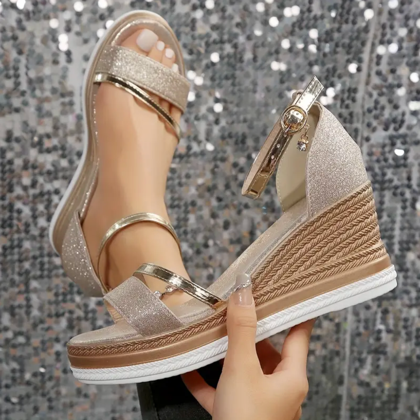 Comelyy Thick heel fashionable rhinestone one-piece buckle open toe mid heel