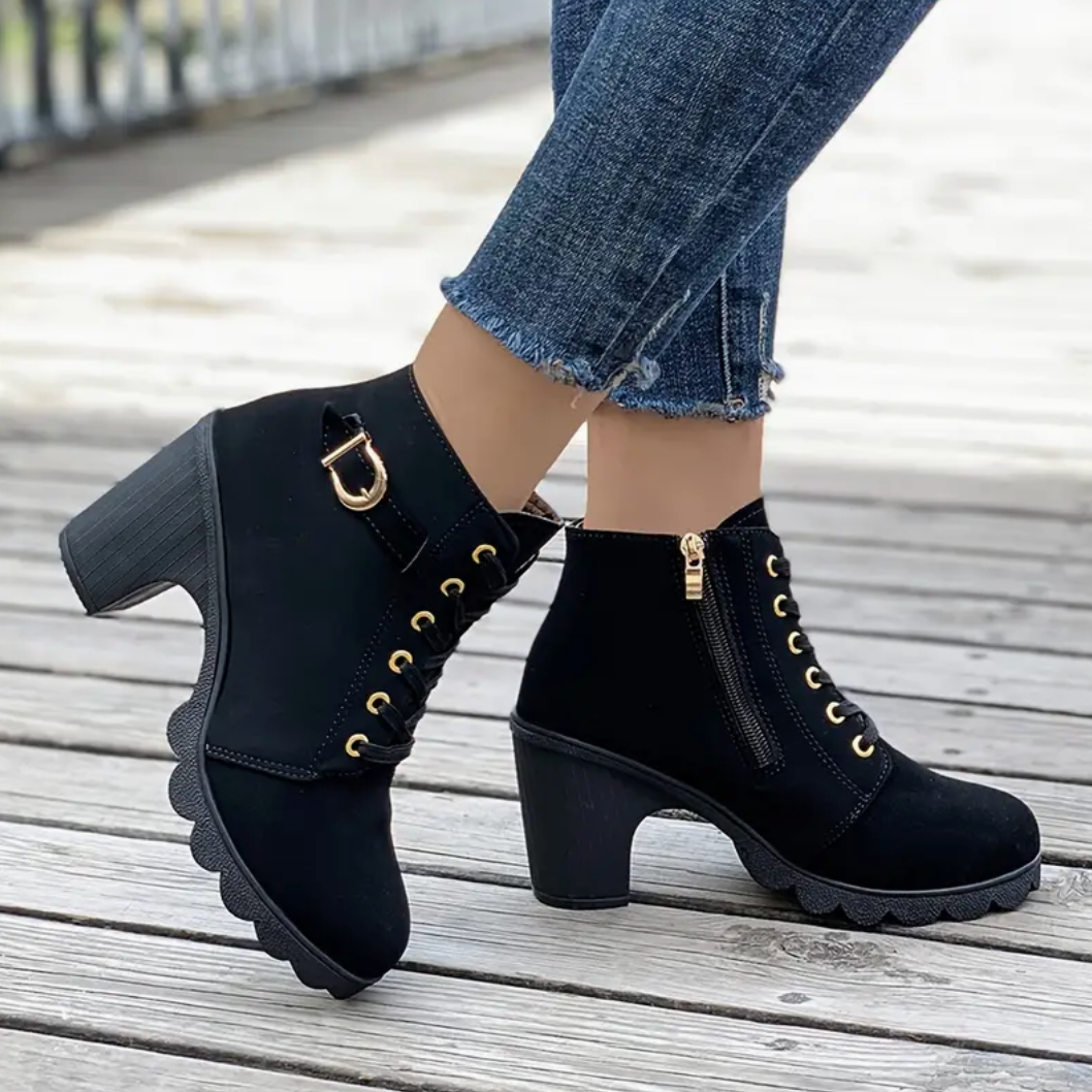 Comelyy Lace-Up Ankle Block Heel Comfortable Casual Boots