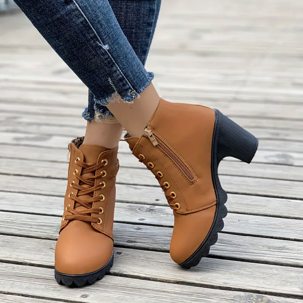 Comelyy Lace-Up Ankle Block Heel Comfortable Casual Boots