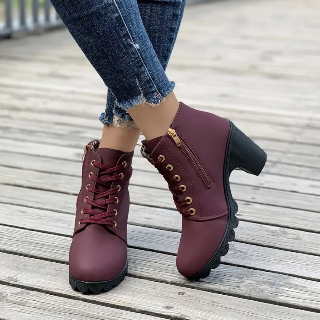 Comelyy Lace-Up Ankle Block Heel Comfortable Casual Boots