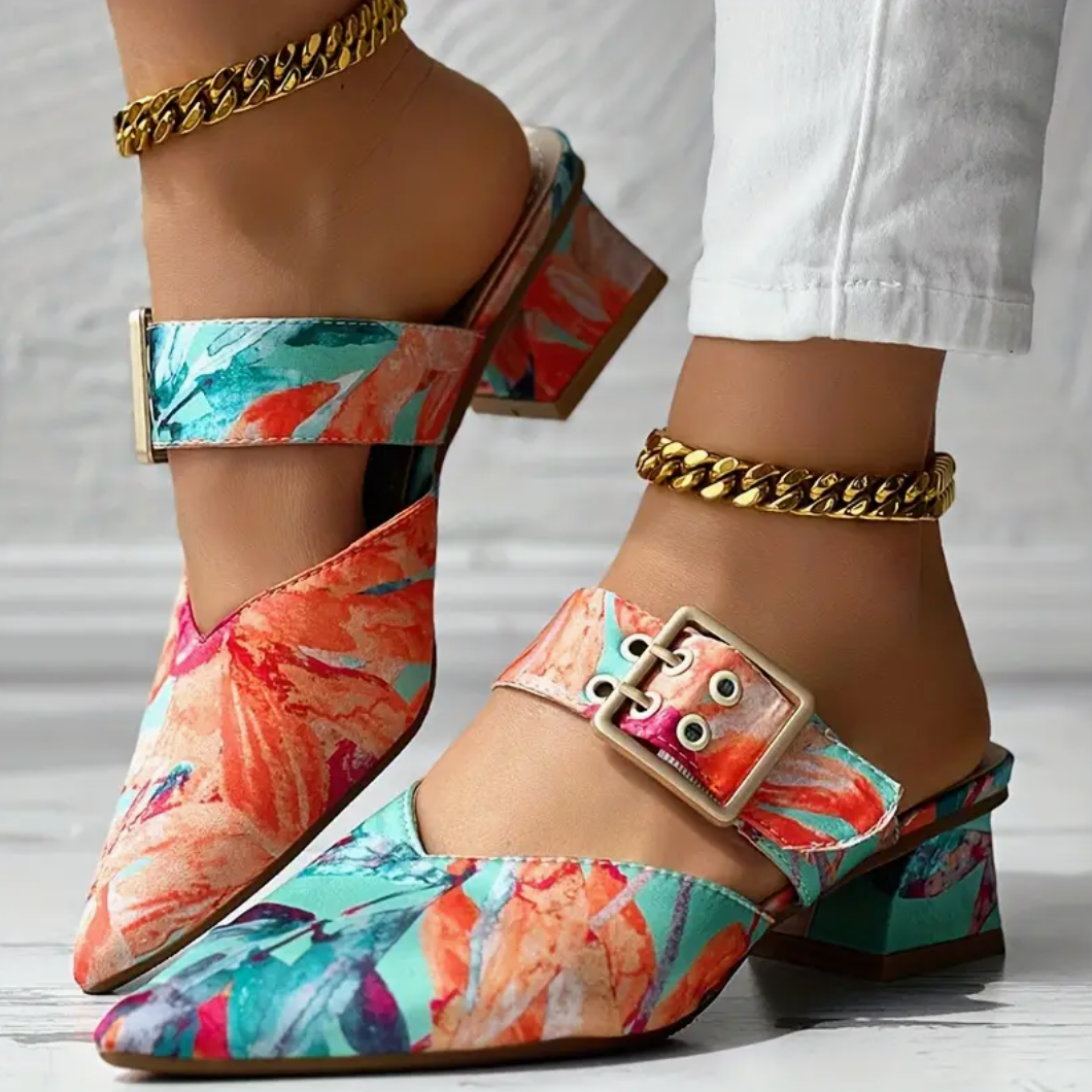 Comelyy Slip-On Pointed Toe Mid-Heel Sandals