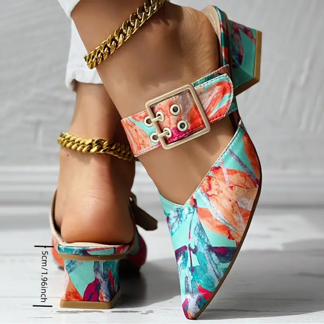 Comelyy Slip-On Pointed Toe Mid-Heel Sandals
