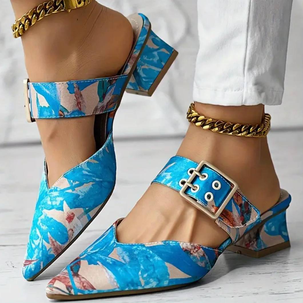 Comelyy Slip-On Pointed Toe Mid-Heel Sandals