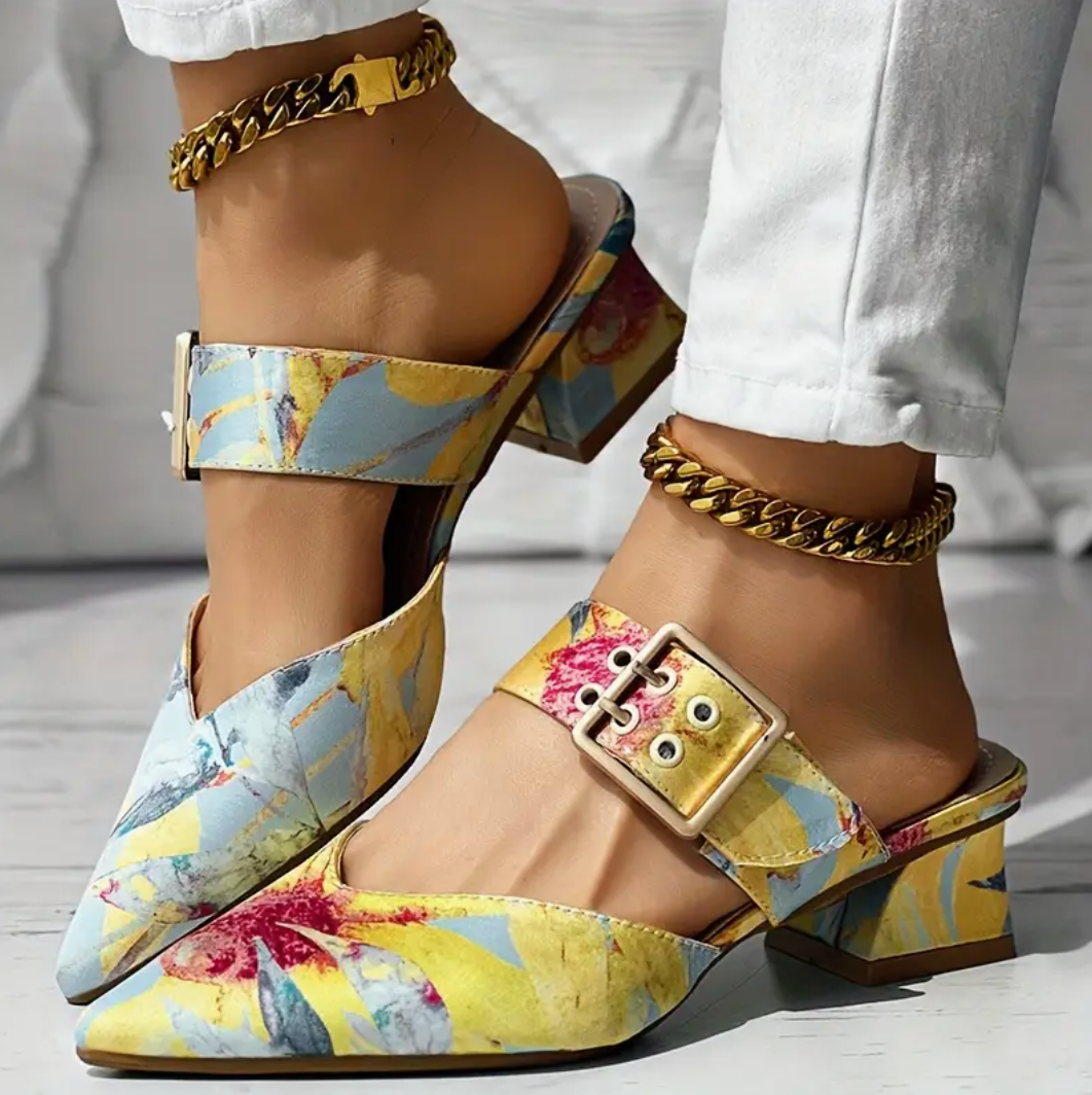 Comelyy Slip-On Pointed Toe Mid-Heel Sandals