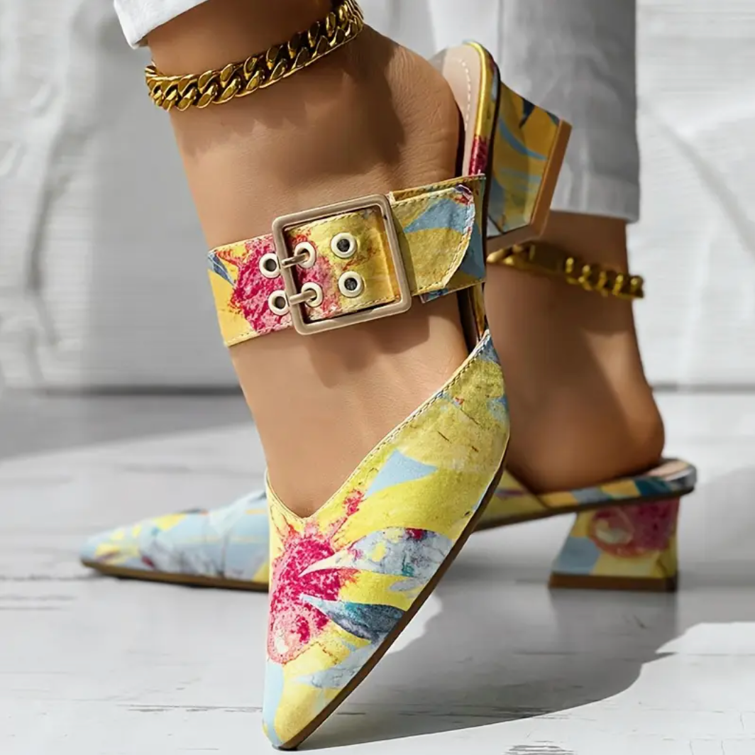Comelyy Slip-On Pointed Toe Mid-Heel Sandals