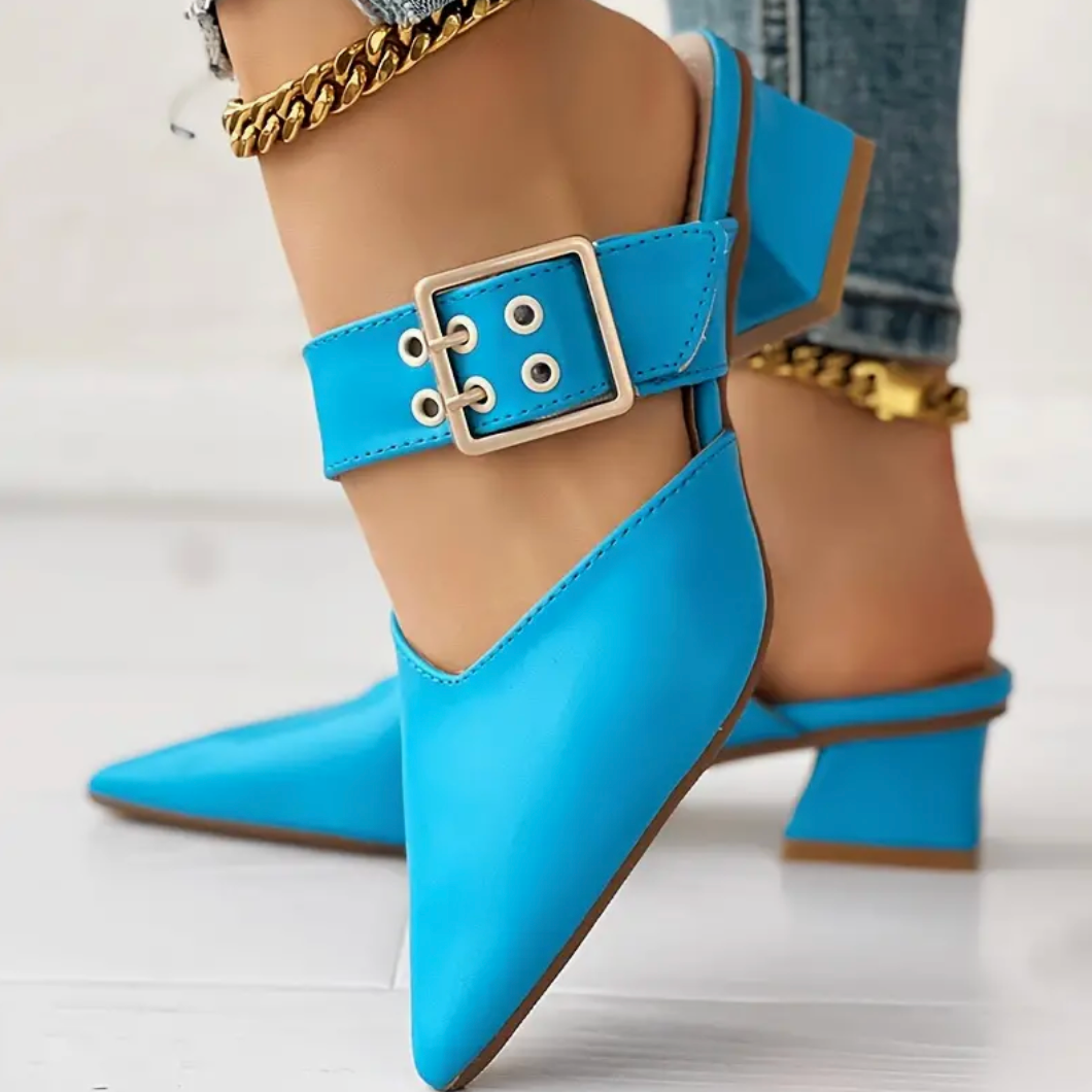 Comelyy Solid Color Slip On Buckle Point Toe Block Heel Shoes
