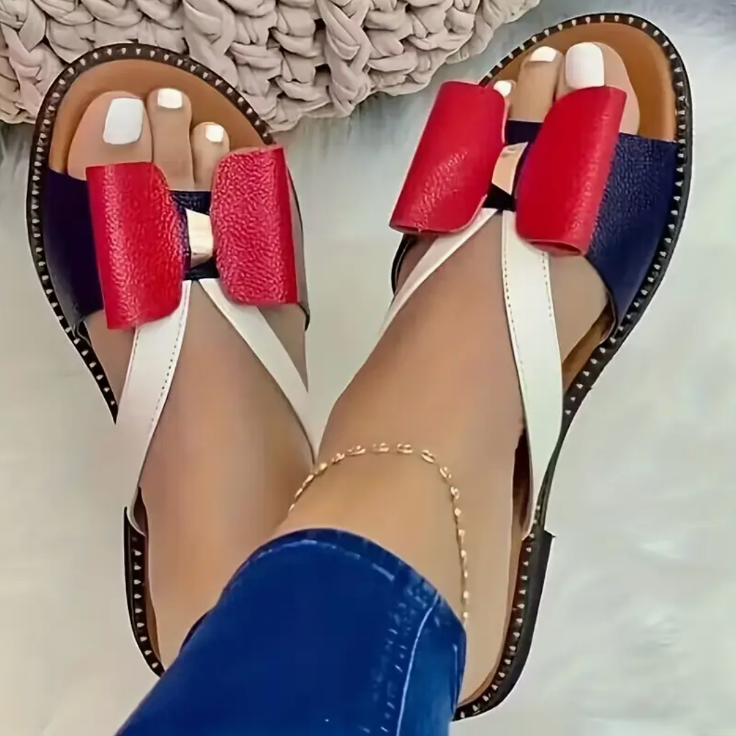 Comelyy Colorblock Bowknot Fashion Open Toe Non-slip Slides Flat Slippers