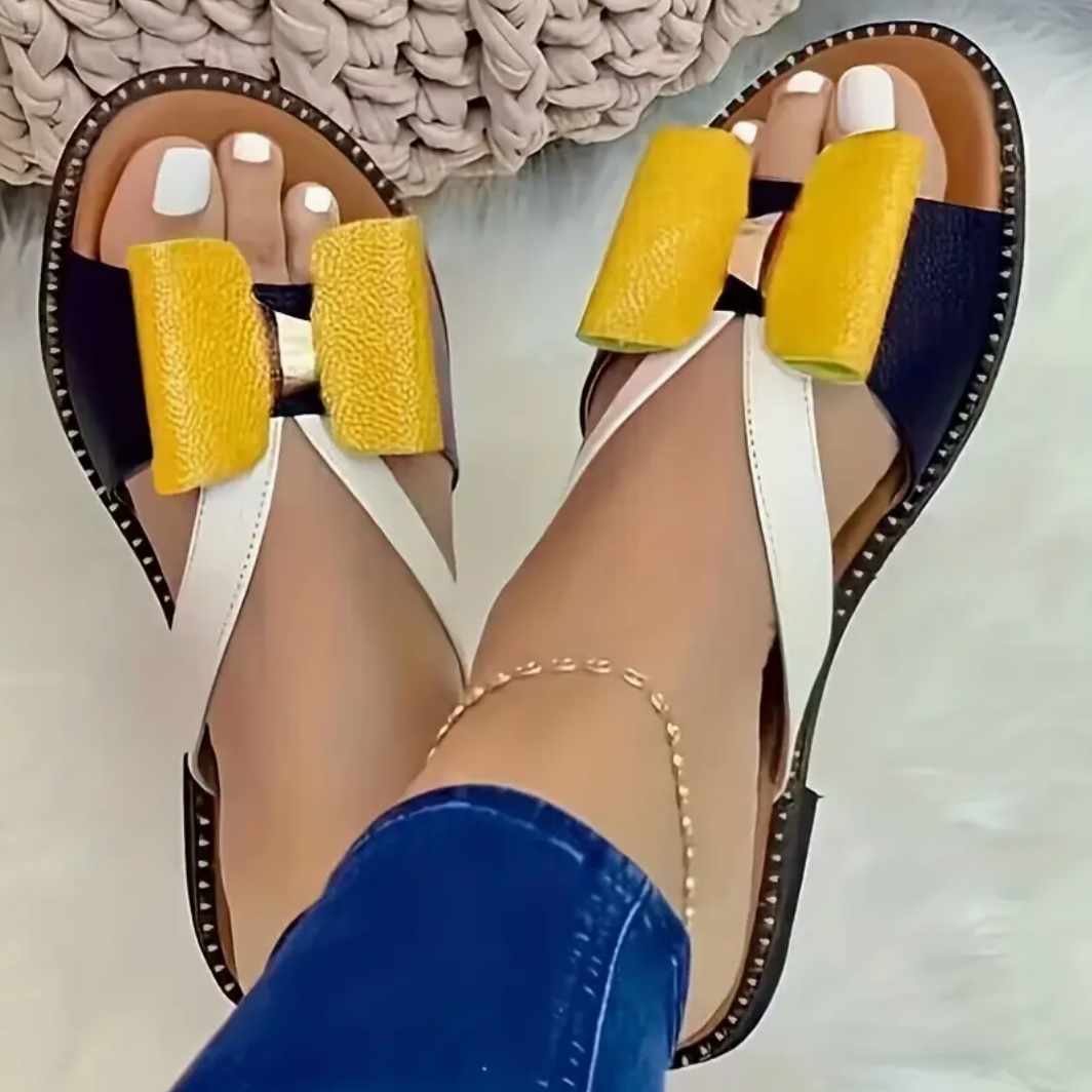 Comelyy Colorblock Bowknot Fashion Open Toe Non-slip Slides Flat Slippers