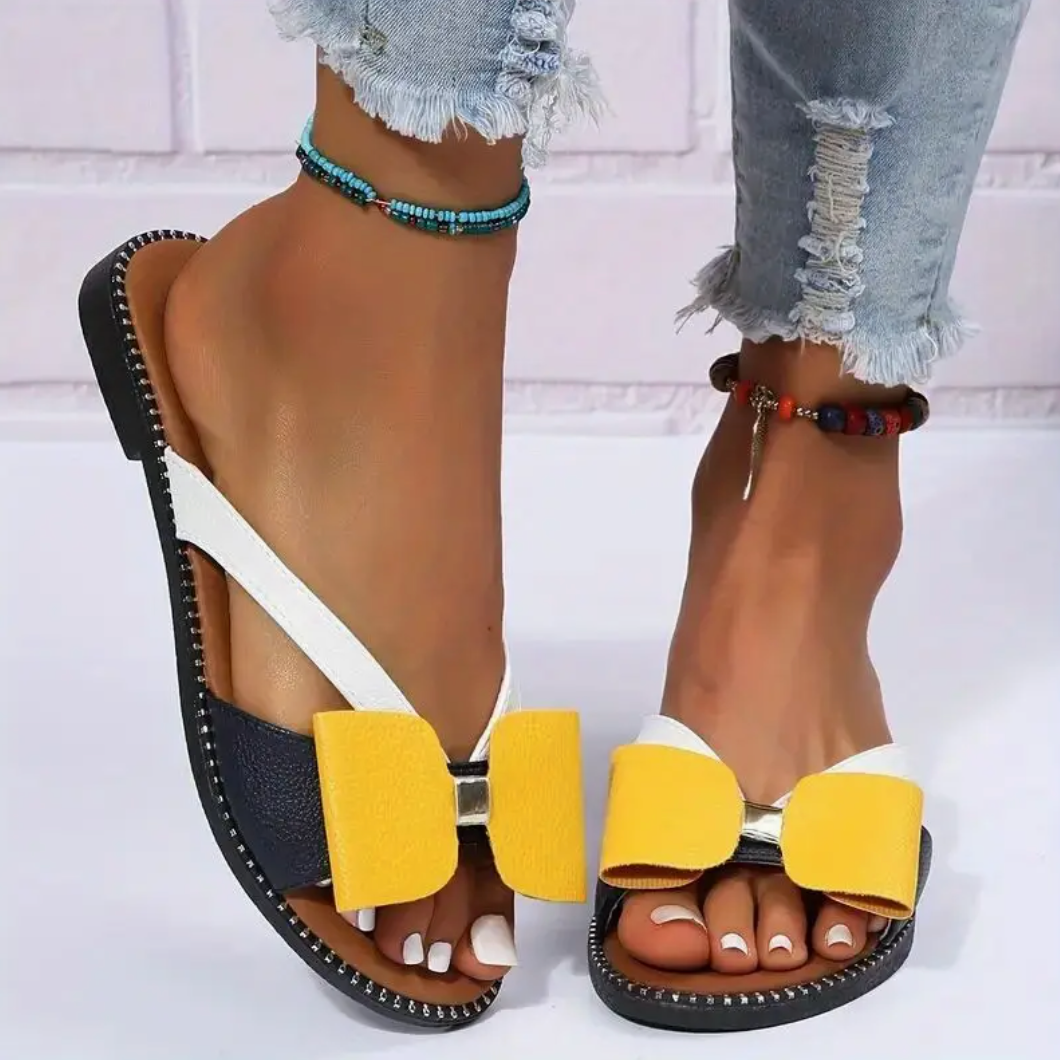 Comelyy Colorblock Bowknot Fashion Open Toe Non-slip Slides Flat Slippers