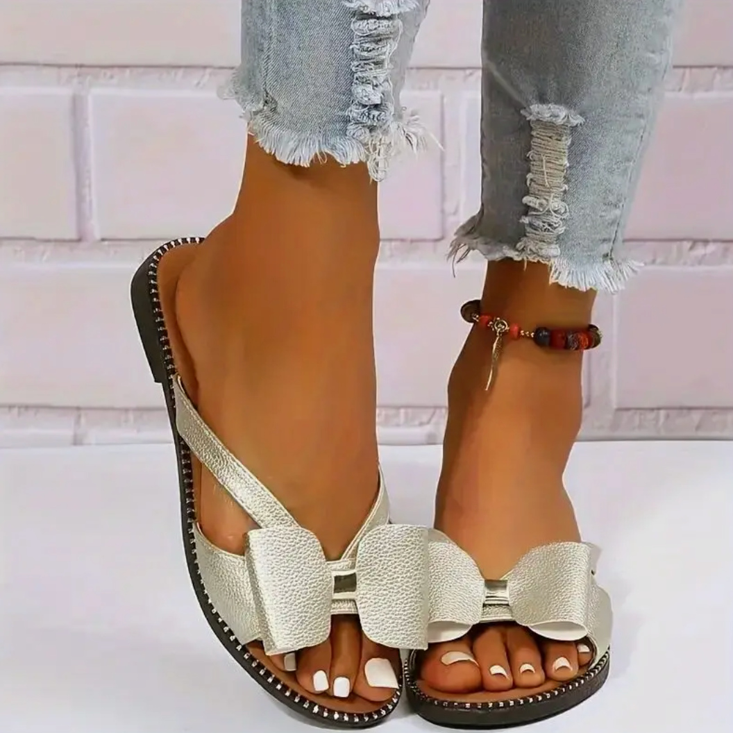 Comelyy Colorblock Bowknot Fashion Open Toe Non-slip Slides Flat Slippers