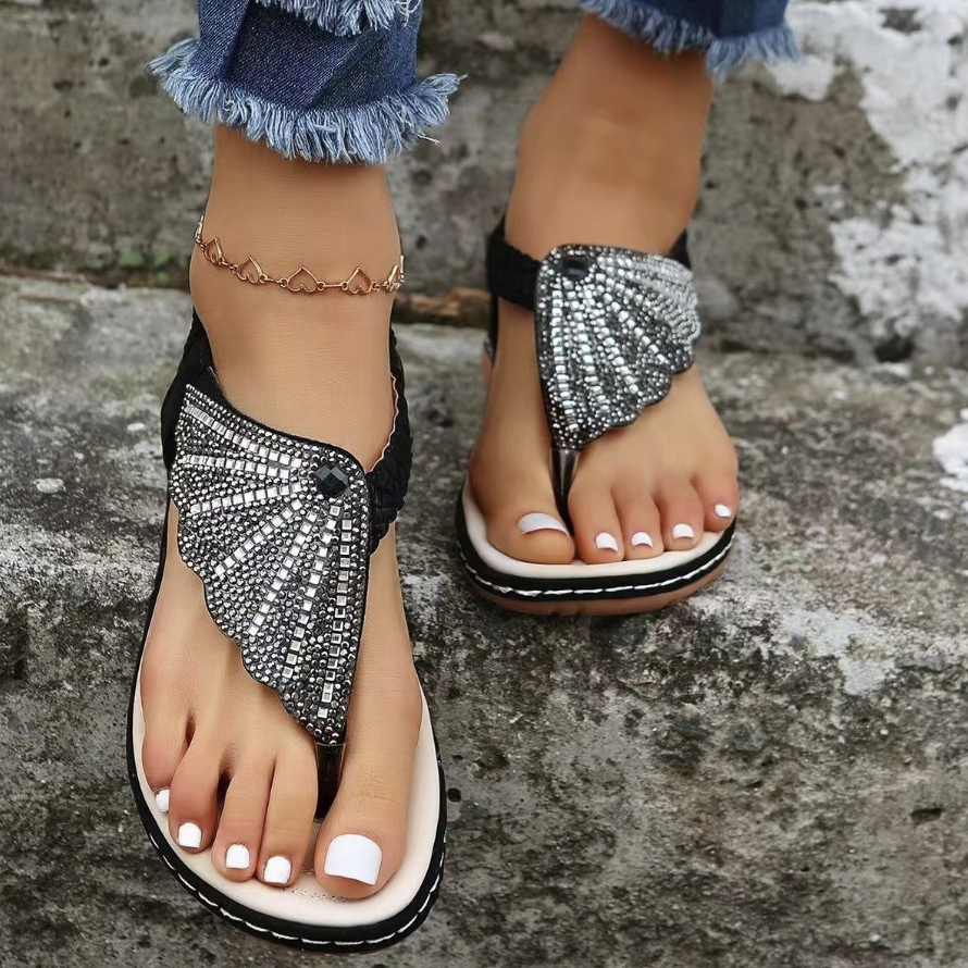 Comelyy Rhinestone Decor Flat Comfortable Anti-slip Women Sandals