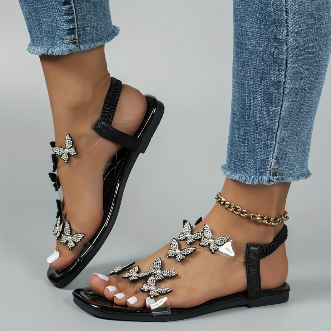 Comelyy Rhinestone Butterfly Decor Flat Open Toe Summer Sandals