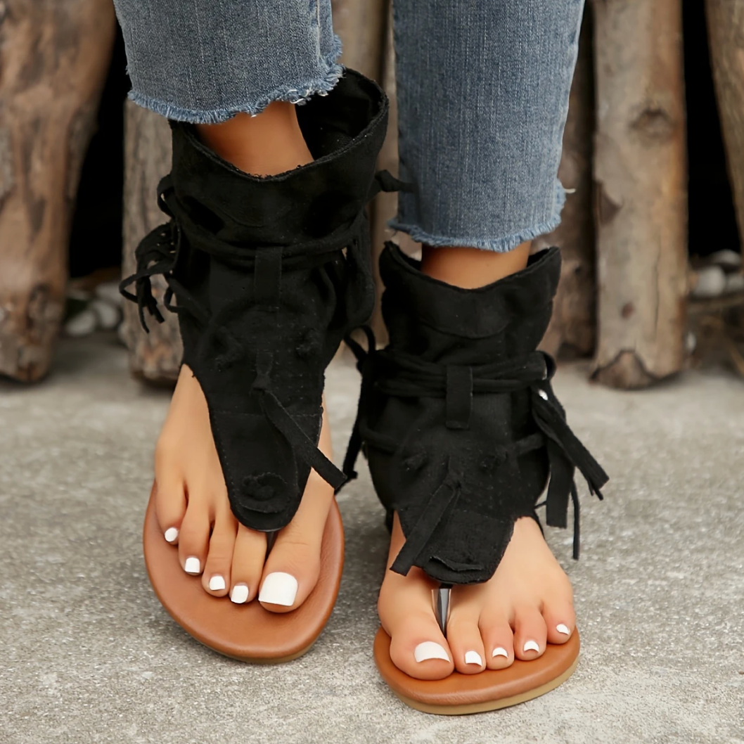 Comelyy Retro Comfortable Flat Bottom Tassel Hollow Toe Women Sandals