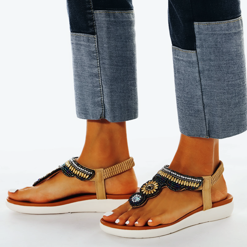 Comelyy Women Bohemia Ethnic Flower Elastic Band Slip On Wedges Sandals