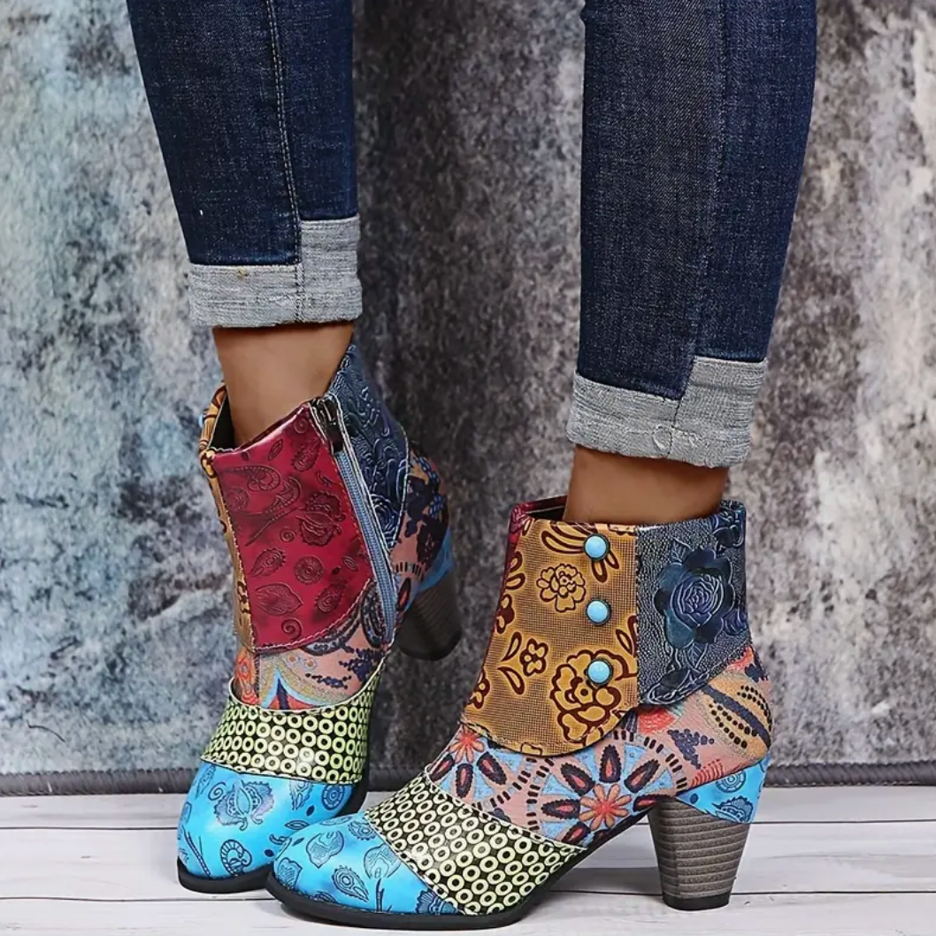 Comelyy Versatile Women's Floral Ankle Heel and Side Zipper Boots