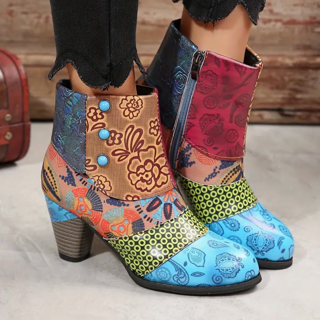 Comelyy Versatile Women's Floral Ankle Heel and Side Zipper Boots