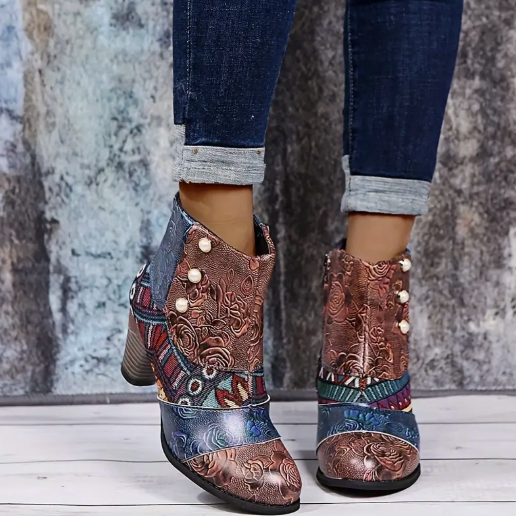 Comelyy Versatile Women's Floral Ankle Heel and Side Zipper Boots