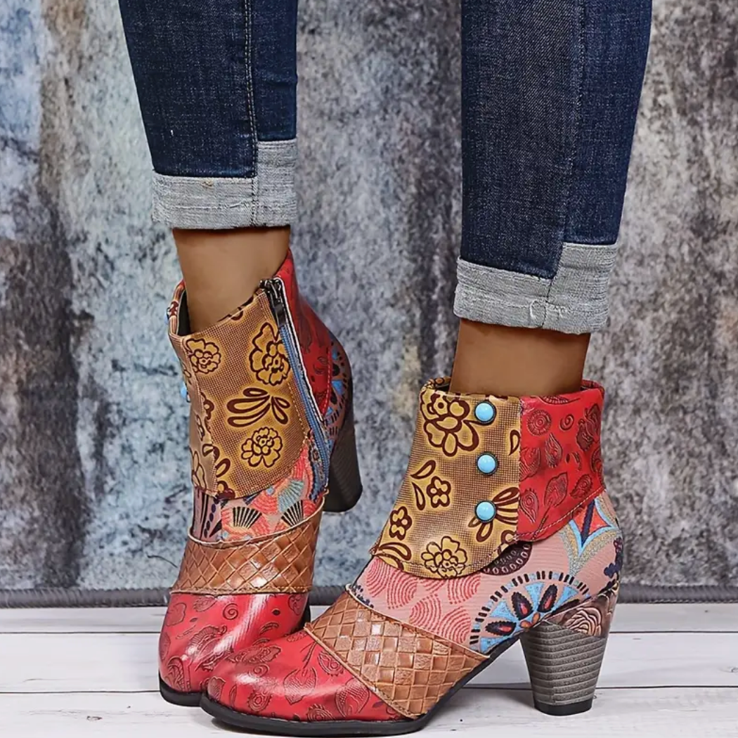Comelyy Versatile Women's Floral Ankle Heel and Side Zipper Boots