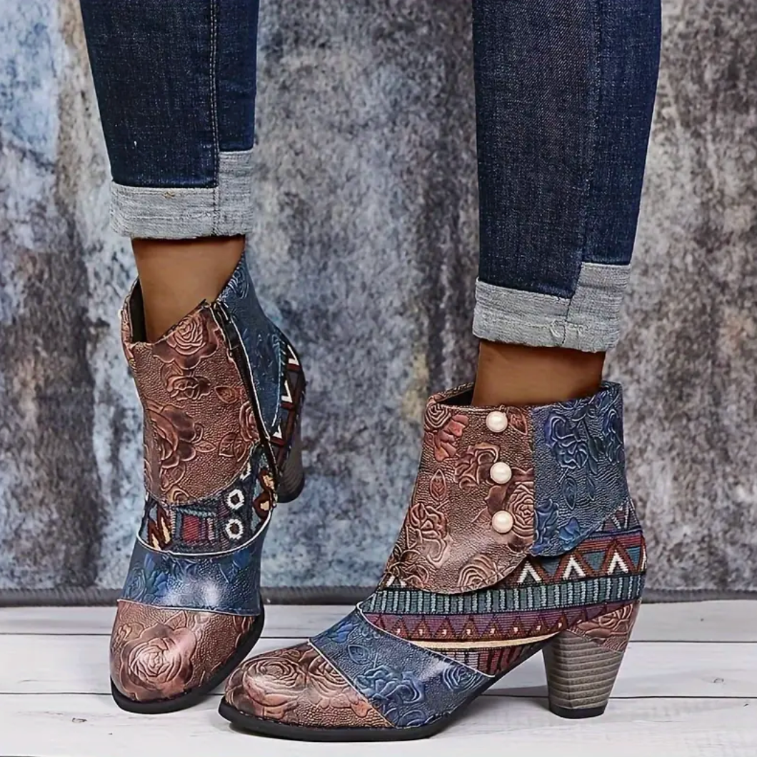 Comelyy Versatile Women's Floral Ankle Heel and Side Zipper Boots