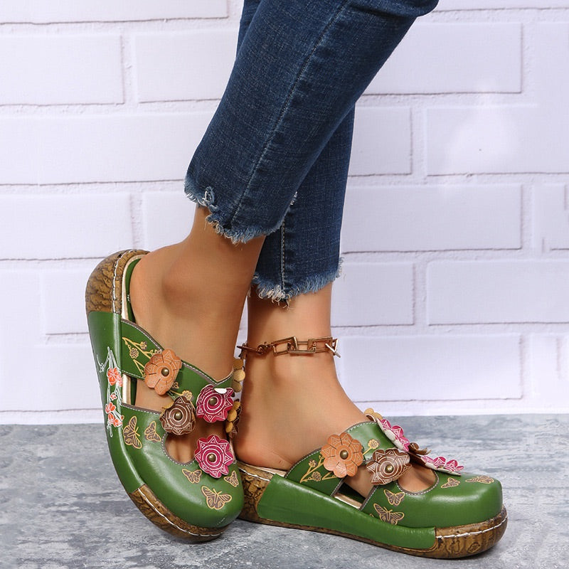 Comelyy Flower Print Wedge Slip-On Sandals