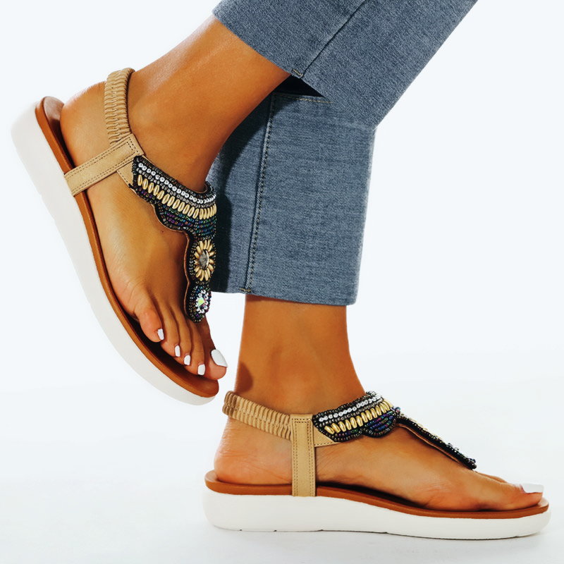 Comelyy Women Bohemia Ethnic Flower Elastic Band Slip On Wedges Sandals