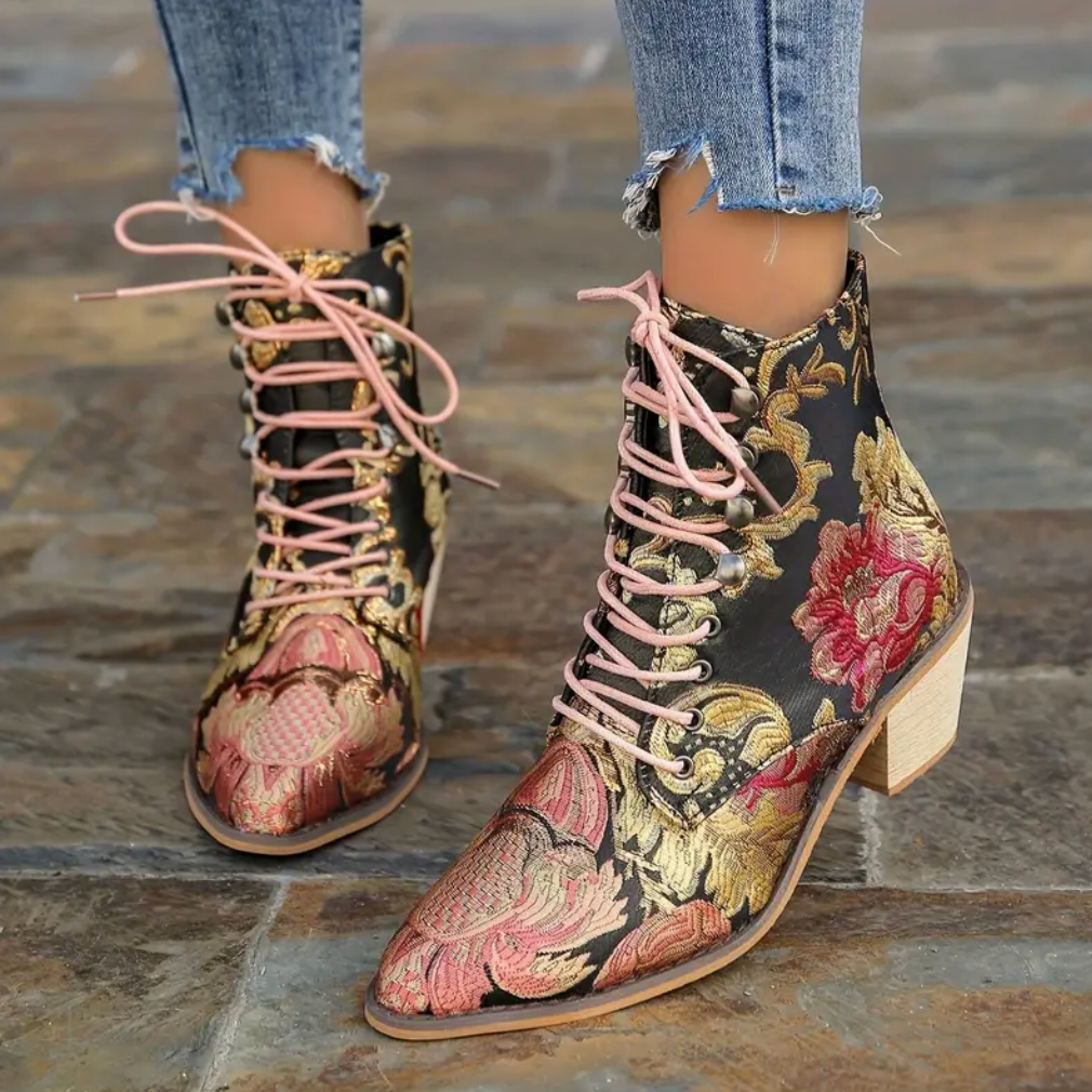 Comelyy Cowboy Vintage Lace-Up Chunky Heel Boots