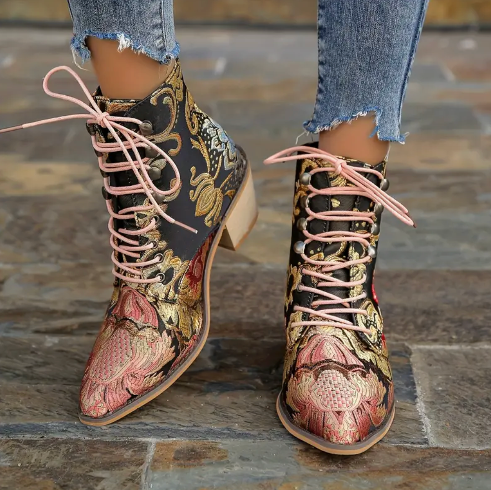 Comelyy Cowboy Vintage Lace-Up Chunky Heel Boots